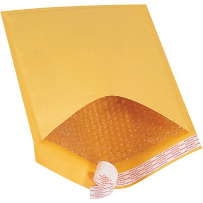B858SS25PK.jpg The 10 1/2 x 16 Kraft (25 Pack) Lbs5 Self-Seal Bubble Mailers feature a protective lining with the flap open, and a slightly raised adhesive strip displaying clear red instructions on a white background for secure sealing.