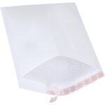 The MH-USA 10 1/2 x 16 White Lbs5 Self-Seal Bubble Mailers (100/Case) feature a partially opened design that reveals protective lining and a peel-and-seal adhesive strip with red on white text for secure closure.