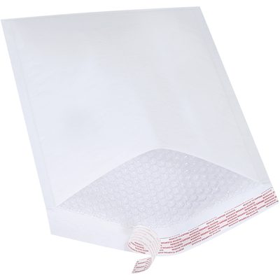 B858WSS.jpg The MH-USA 10 1/2 x 16 White Lbs5 Self-Seal Bubble Mailers (100/Case) feature a partially opened design that reveals protective lining and a peel-and-seal adhesive strip with red on white text for secure closure.