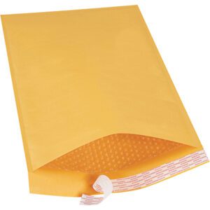 A yellow padded envelope from the 12 1/2 x 19 Kraft Lbs6 Self-Seal Bubble Mailers (50/Case), open with a partially exposed white adhesive strip, reveals protective bubble wrap. Positioned diagonally, it elegantly angles from left to right.