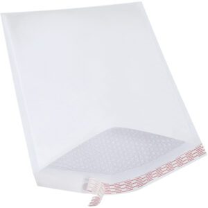 The MH-USA 14 1/4 x 20 White Lbs7 Self-Seal Bubble Mailers have an open flap with a ready adhesive strip and padded interior, available in packs of 50 per case.