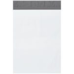 The MH-USA 9 x 12 Poly Mailers (1000/Case) are plain white with a secure black adhesive strip at the top, offering simplicity and functionality.