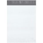 A MH-USA 12 x 15 1/2 Poly Mailer features a plain white design with a dark gray sealing strip at the top, ideal for secure shipping and sold in packs of 500 per case.