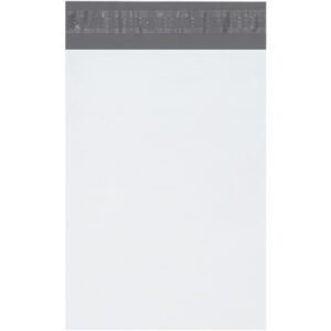 A plain white sheet of paper with a gray header resembles the packaging of MH-USA 7.5 x 10.5 Poly Mailers with Tear Strip (1000/Case), featuring a textured gray strip at the top, similar to a notepad or memo pad, while the rest remains blank.