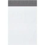 The MH-USA 9 x 12 Poly Mailers feature a grey adhesive strip for secure sealing and a convenient tear strip. Sold in cases of 500, their transparent plastic design is highlighted against a plain white background for simplicity and effectiveness.