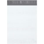 A plain white MH-USA 12 x 15 1/2 poly mailer, featuring a gray adhesive strip and tear strip design, is highlighted against the white background.