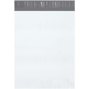 MH-USA 12 x 15 1/2 (50 Pack) Poly Mailers have a sleek plain white design and feature a reliable gray tear strip for sealing.