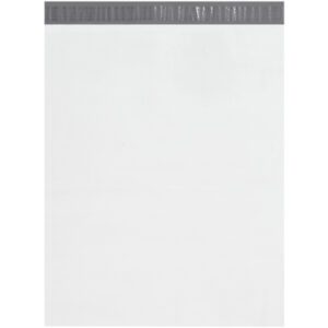 The MH-USA 19 x 24 (100 Pack) Poly Mailers feature a plain white design with a dark gray adhesive strip for sealing, offering a sleek, unmarked surface ideal for shipping.