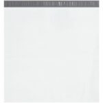 An image of a plain, white MH-USA 24 x 24 poly mailer (from the 100 Pack), featuring a gray adhesive strip at the top. The mailer is flat and unsealed, displaying no logos or text.