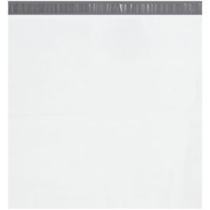 An image of a plain, white MH-USA 24 x 24 poly mailer (from the 100 Pack), featuring a gray adhesive strip at the top. The mailer is flat and unsealed, displaying no logos or text.