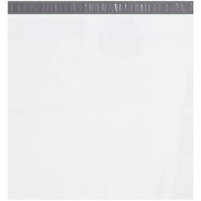 B878100PK.jpg An image of a plain, white MH-USA 24 x 24 poly mailer (from the 100 Pack), featuring a gray adhesive strip at the top. The mailer is flat and unsealed, displaying no logos or text.