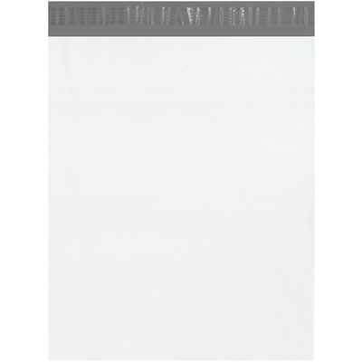 B879100PK.jpg The MH-USA 14 x 17 (100 Pack) Poly Mailers with Tear Strip feature a plain white design and dark gray adhesive strip, providing a secure mailing solution.