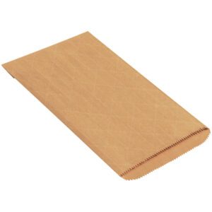 A flat, brown paper bag is shown from a slight angle. It is closed with a textured crisscross pattern similar to MH-USA 6 x 10 Nylon Reinforced Mailers (1000/Case). The bottom edge features a zigzag cut design.