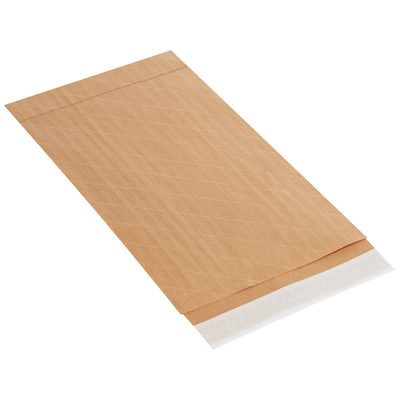 B889SS.jpg A brown MH-USA 12 1/2 x 19 mailer with quilted texture rests on a white background. The open flap reveals an adhesive strip for secure sealing. This Lbs6 self-seal nylon reinforced design ensures durability, perfect for secure shipping.