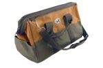 The Vestil Additional Lever Hoist Tool Storage Bag is green and brown with a zippered top, short handles, an adjustable shoulder strap, and a logo patch on the front. It has side pockets, making it perfect for Vestil enthusiasts to store lever hoists or other tools.