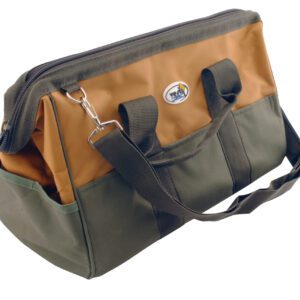 The Vestil Additional Lever Hoist Tool Storage Bag is green and brown with a zippered top, short handles, an adjustable shoulder strap, and a logo patch on the front. It has side pockets, making it perfect for Vestil enthusiasts to store lever hoists or other tools.