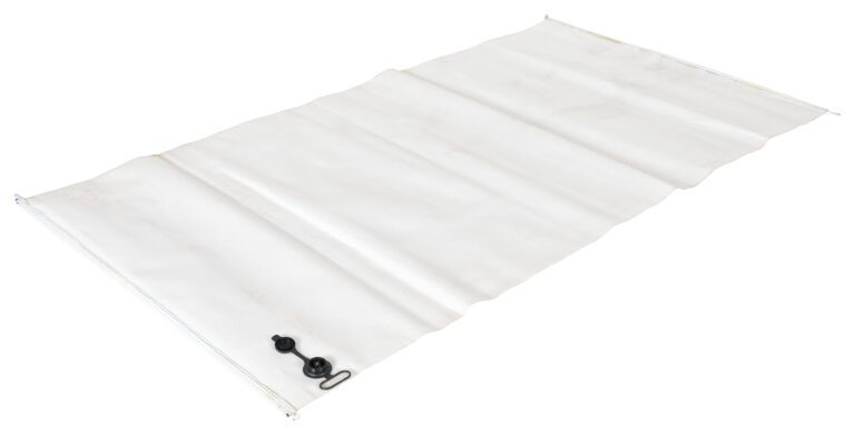 A white roll-up door with a textured surface lies flat, featuring a plastic locking mechanism with a black twist lock and loop for secure fastening, resembling the versatile Vestil Reusable Dunnage Bag 48W In X 84H In, set against a plain white background.