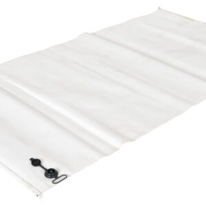 A white roll-up door with a textured surface lies flat, featuring a plastic locking mechanism with a black twist lock and loop for secure fastening, resembling the versatile Vestil Reusable Dunnage Bag 48W In X 84H In, set against a plain white background.