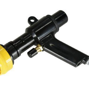 The image features the Vestil Dunnage Bag Inflation Nozzle, a black mechanical device with a yellow dial and black handle. It includes a metal connector at one end, designed for optimal use with Vestil Dunnage Bags, all on a pristine white background.