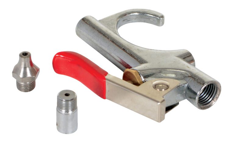 A metal tire chuck with a red lever sits on a white surface with two extra nozzles, featuring a U-shaped handle and threaded openings. Its design complements the Vestil Dunnage Bag Inflation Valve 1/4 Thread for seamless compatibility.