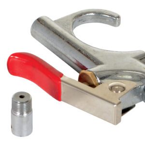A metal tire chuck with a red lever sits on a white surface with two extra nozzles, featuring a U-shaped handle and threaded openings. Its design complements the Vestil Dunnage Bag Inflation Valve 1/4 Thread for seamless compatibility.
