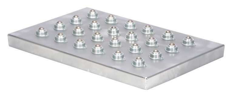 The Vestil Chrome Transfer Platform 18 In X 28 In features a metal plate with 25 ball bearings spaced in a perfect 5x5 grid.