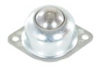 The Vestil Ball Transfer Flange Mount Single Ball features a shiny steel ball in a round, metallic housing with two mounting holes on its sturdy base, designed for efficient conveyor systems and material handling.