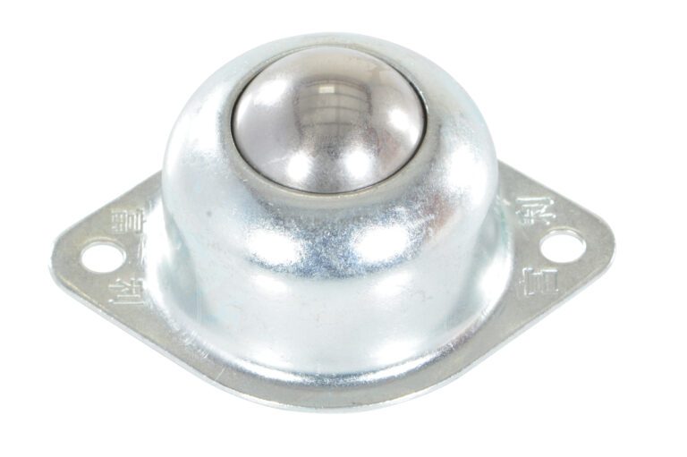 The Vestil Ball Transfer Flange Mount Single Ball features a shiny steel ball in a round, metallic housing with two mounting holes on its sturdy base, designed for efficient conveyor systems and material handling.