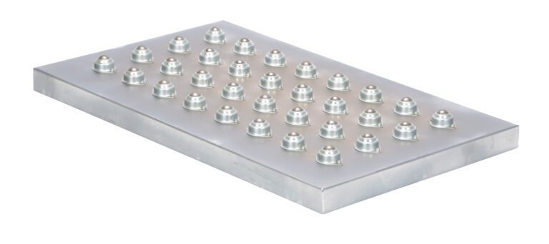 The Vestil Chrome Ball Transfer Platform 20 x 36 inches features a metal plate with 30 slightly rounded cylindrical knobs in a 5x6 grid, offering a metallic finish on a pristine white backdrop.