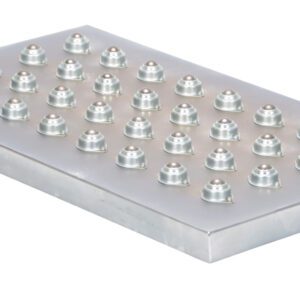 The Vestil Chrome Ball Transfer Platform 20 x 36 inches features a metal plate with 30 slightly rounded cylindrical knobs in a 5x6 grid, offering a metallic finish on a pristine white backdrop.