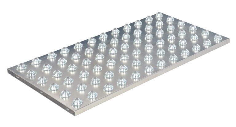 The Vestil Chrome Ball Transfer Platform 24 x 48 inches showcases an evenly spaced grid of conical raised bumps on its shiny metallic rectangular surface, reflecting light brilliantly and highlighting its unique texture when viewed at an angle.