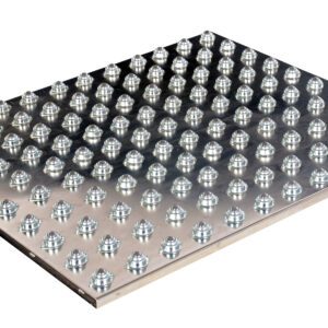 The Vestil Chrome Ball Transfer Platform 40 x 48 in features a shiny metal surface with evenly spaced, raised cylindrical studs in a grid pattern, making it both functional and visually appealing.