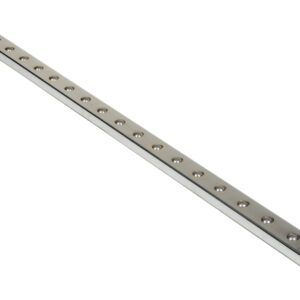 The Vestil Chrome Ball Transfer Strip 60 x 2.75 inches showcases a sleek metallic bar with round indentations, on a white background.