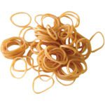 A pile of MH-USA 1/16 x 1 1/4 Rubber Bands (10 Lbs/Case) scattered on a white background. The tan, circular, elastic bands are ideal for securing items together.