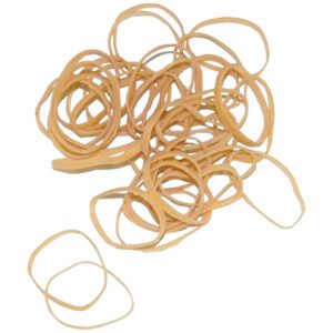 A scattered pile of MH-USA 1/8 x 2 rubber bands (10 lbs/case) rests on a white background, with one band slightly separated.