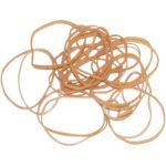 A scatter of MH-USA 1/16 x 2 1/2 Rubber Bands (10 Lbs/Case) is spread across a white surface.