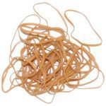 A scattered pile of MH-USA 1/8 x 3 1/2 Rubber Bands from a 10 lbs case is intertwined on a white background.