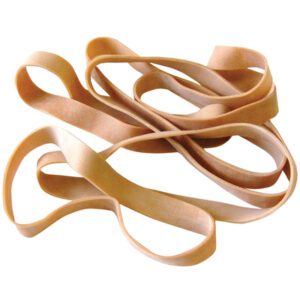 A pile of MH-USA 5/8 x 5 Rubber Bands (10 Lbs/Case) is loosely tangled against a pristine white background.