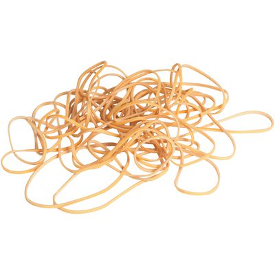 BAN416.jpg A heap of MH-USA 1/16 x 3 1/2 Rubber Bands (10 Lbs/Case) is scattered on a white background, varying in size and forming a tangled mass.