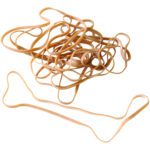 A pile of MH-USA tan 1/4 x 17 Trash Can Bands (350/Case) is tangled, with one rubber band stretched separately beneath the pile on a white background.