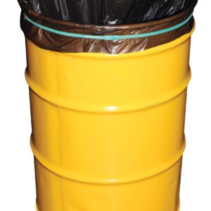 A large yellow metal barrel, lined with a black plastic trash bag at the top, is secured by a Vestil Jumbo Rubber Bands-Drum 17 In Long. The smooth surface and two visible horizontal bands make it practical and efficient for waste management.