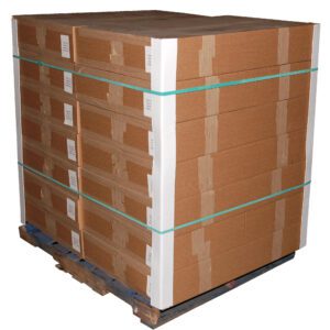 A large stack of cardboard boxes is neatly arranged on a blue wooden pallet, secured with green plastic straps and Vestil Jumbo Rubber Bands-Pallet 45 In Long. The boxes have white labels on the sides, set against a plain white background.