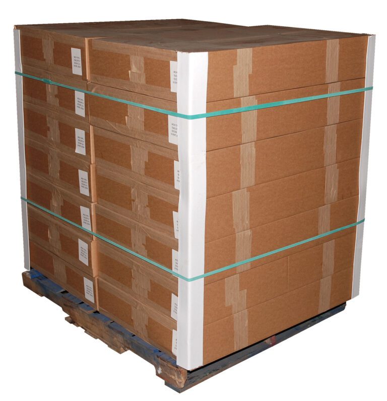 BAND-92_A.jpg A large stack of cardboard boxes is neatly arranged on a blue wooden pallet, secured with green plastic straps and Vestil Jumbo Rubber Bands-Pallet 45 In Long. The boxes have white labels on the sides, set against a plain white background.