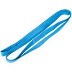 A long, looped blue MH-USA 3/4 x 84 Standard Pallet Band (50/Case) is neatly coiled on a white background. Smooth and uniform in width, its often used for exercise and strength training.