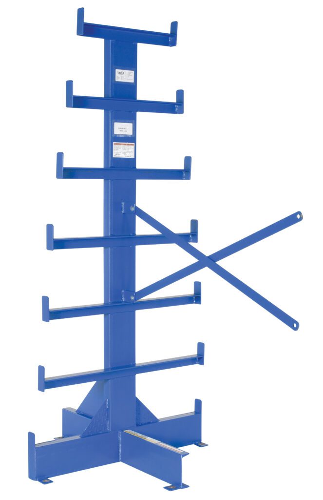 The Vestil Warehouse Rack Add-On Double-Sided 62In is a blue metal rack featuring multiple horizontal arms, a sturdy base, and two diagonal supports for enhanced stability.