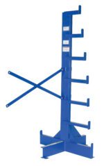 The Vestil Warehouse Rack Add-On Single-Sided 62In is a blue cantilever rack featuring 62-inch horizontal arms for efficient storage, with a stable base and dual diagonal supports for added reinforcement.