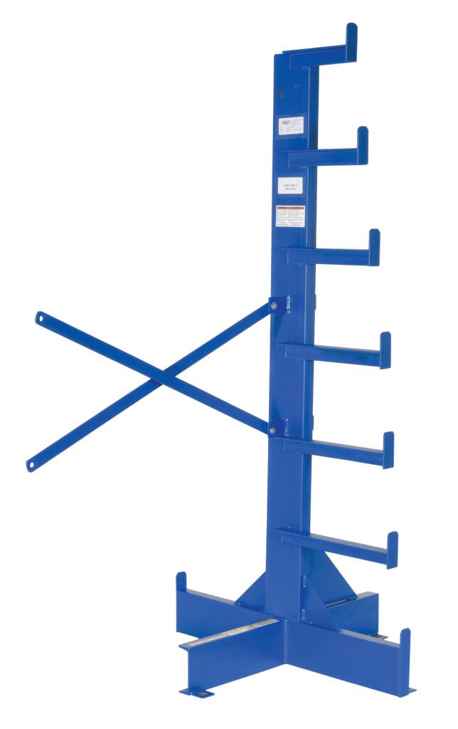 BAR-A-84-S_A.jpg The Vestil Warehouse Rack Add-On Single-Sided 62In is a blue cantilever rack featuring 62-inch horizontal arms for efficient storage, with a stable base and dual diagonal supports for added reinforcement.