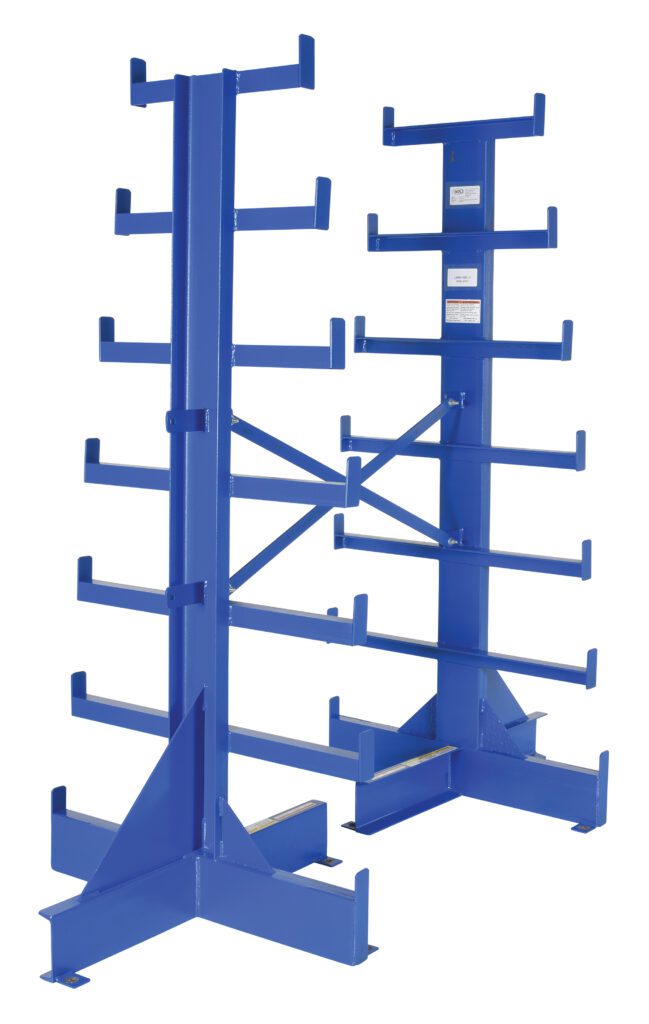 BAR-R-84-D_A.jpg The Vestil Warehouse Rack Starter Double-Sided 84In is a blue metal cantilever rack with multiple shelves, ideal for long, heavy items. Its sturdy base and adjustable arms provide versatile support for various load sizes.