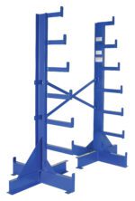 The Vestil Warehouse Rack Starter Single-Sided 84In features blue metal storage racks with multiple horizontal arms, standing 84 inches tall. Its perfect for organizing materials and has a heavy-duty design ideal for holding long items like pipes or lumber.