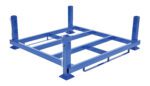 The Vestil Internestable Portable Rack Base 48 X 48 is a blue metal pallet rack with four vertical posts, an open central frame, and base supports. Perfect for warehouse storage, it provides a sturdy platform for heavy items and includes safety pins on each post.